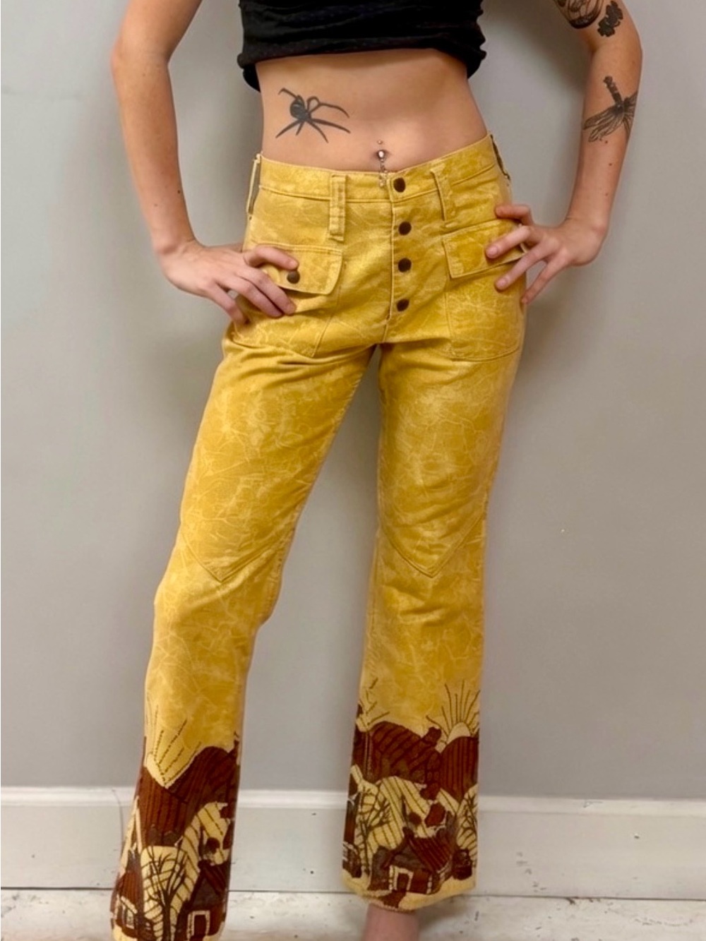 1970s Vintage Maverick mustard yellow  flare jeans with Embroideredy